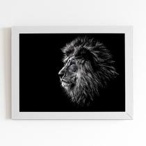 Quadro Leão Olho Azul Tons de Cinza Moldura Branca 60x40cm