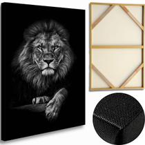 Quadro Leao Preto e Branco Grande 60x90 Tela Premium Madeira e Tecido