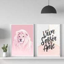 Quadro Leão Rosa Viva Sorria Ame 24x18cm - Com Vidro