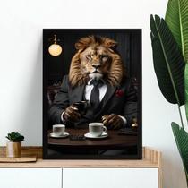 Quadro Leão Tomando Café 24X18Cm - Com Vidro