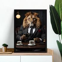Quadro Leão Tomando Café 33x24cm - com vidro