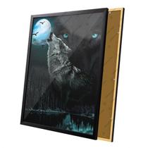 Quadro Lobo Lua Cheia Olhar Feroz Floresta Moldura e Vidro