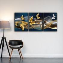 Quadro Luxo Trio Borboletas Douradas Canvas 129x53cm