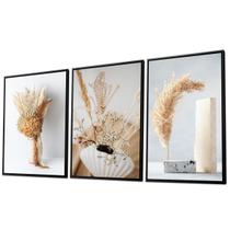 Quadro Luxo Trio Capim Dourado Canvas com Moldura 129x53cm