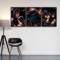 Quadro Luxo Trio Tons De Flores Canvas C/ Moldura 129x53cm