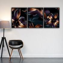 Quadro Luxo Trio Tons De Flores Canvas com Moldura 129x53cm