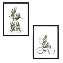 Quadro Macaquinhos Esportistas Moldura Preta 24X18Cm 2 Peças