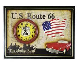Quadro Madeira Decorativo Retro Rota 66 Com Carro E Relógio