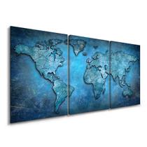 Quadro Mapa Azul Decorativo Mosaico Kit 3 Telas para Sala