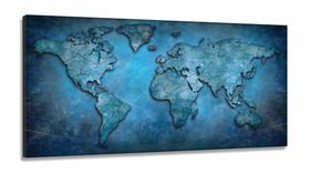 Quadro Mapa Mundi Antigo Azul Decorativo Sala Quarto em Tecido Canvas 130x60