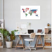 Quadro Mapa Mundi Bandeiras dos Países 43x30 Filete Branco Moldura Filete, Branca