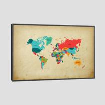 Quadro Mapa Mundi Com Localização Tela Moldura Preta 120X80Cm