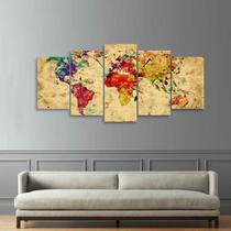 Quadro Mapa Mundi Rústico Vintage Colorido Mosaico 5 Peças