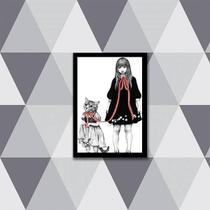Quadro Menina Com Gatinho 33X24Cm - Com Vidro Moldura Preta