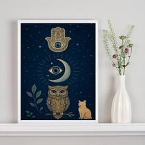 Quadro Mistico Hamsa Lua Coruja Gato 33x24cm Quadro Mistico Hamsa Lua Coruja Gato 33x24cm