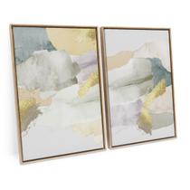 Quadro Moderno Duplo Montanhas Em Dourado e Branco Abstrato Para Sala Elegant Soft C/ Moldura - Bimper