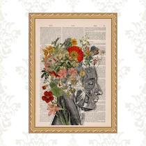 Quadro Moldura Dourada Cérebro Com Flores 33x24cm