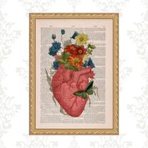 Quadro Moldura Dourada Coração Flores Borboleta 33X24Cm