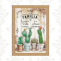 Quadro Moldura Dourada Frase Família - Cactos 33x24cm