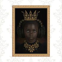 Quadro Moldura Dourada Menina Negra Fone Ouvido 33x24cm