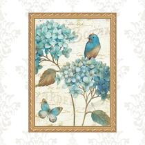 Quadro Moldura Dourada Passarinho Vintage Azul 24x18cm Quadro Moldura Dourada Passarinho Vintage Azul 24x18cm