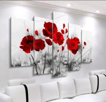 Quadro mosaico 5 peças flores vermelhas abstrato moderno painel para decoração de ambientes - NEYRAD