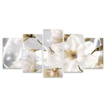 Quadro Mosaico Decorativo Flores Brancas Brilho Fundo Cinza 5 Peças