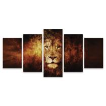 Quadro Mosaico Decorativo Leão Abstrato Fogo Laranja Lion 5 Peças