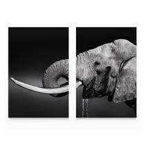 Quadro Mosaico Elefante Bebendo Água Preto e Branco Moderno Kit 2 Telas Grande - Bimper