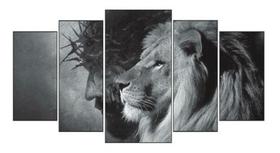Quadro Mosaico Sala 5 Partes Leao E Jesus Branco E Preto