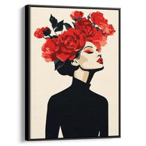 Quadro Mulher com Flores e Elegância Rubra Contemporânea
