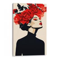 Quadro Mulher com Flores e Elegância Rubra Contemporânea Quadro Mulher com Flores e Elegância Rubra Contemporânea