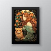 Quadro Mulher Com Gato Art Nouveau 24x18cm - com vidro