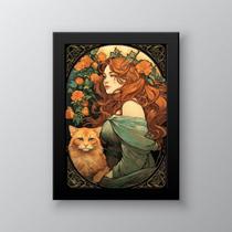 Quadro Mulher Com Gato Art Nouveau 24x18cm