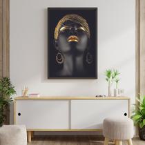Quadro Mulher Negra Dourado Sala escritório hall de entrada Uno com Moldura