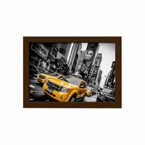 Quadro New York Táxi Amarelo Foto Moldura Marrom 33x43cm
