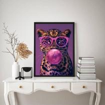Quadro Onça Rosa Roxo Bubble Gum 33X24Cm - Com Vidro