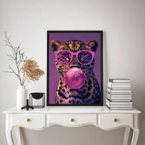 Quadro Onça Rosa Roxo Bubble Gum 33x24cm - com vidro