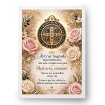 Quadro Oração Medalha São Bento Floral Religioso 21x30cm Quadro Oração Medalha São Bento Floral Religioso 21x30cm