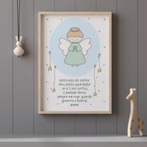 Quadro Oração Santo Anjo do Senhor Anjinho Azul Quarto Criança Bebê