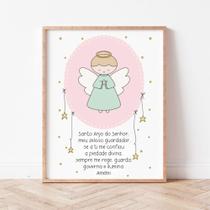 Quadro Oração Santo Anjo do Senhor Anjinho Rosa Quarto Criança Bebê