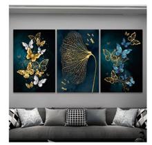 Quadro painel decorativo 3 peças 60 x 40 borboletas douradas e azul libelulas decoração - Ana Decor
