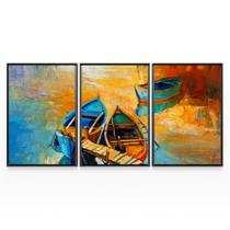 Quadro Paisagem Canoas No Porto Decorativo Mosaico 3 Telas Em Canvas Com Moldura - Bimper
