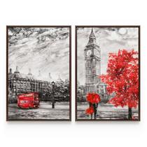 Quadro Paisagem Londres Big Ben Detalhes Vermelho Mosaico 2 Telas Com Moldura - Bimper