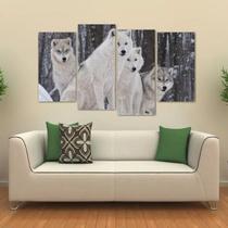 Quadro Paisagem Matilha De Lobos Brancos Em Tecido 4 Peças