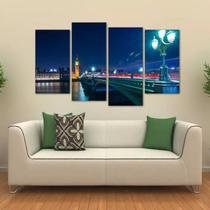 Quadro Paisagem Noturna Londres Big Ben Em Tecido 4 Peças