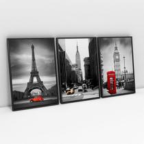 Quadro Paisagem Paris, Nova York e Londres Kit 3 Telas Com Moldura Decorativo Moderno Sala - Bimper