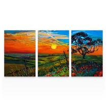 Quadro Paisagem Pôr Do Sol No Campo Mosaico 3 Telas Canvas Grande - Bimper