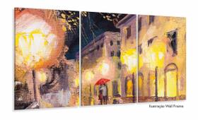Quadro Paisagem Praça Luzes Estilo Leonid Afremov 120x60 mosaico 3 peças em tecido Quadro Paisagem Praça Luzes Estilo Leonid Afremov 120x60 mosaico 3 peças em tecido