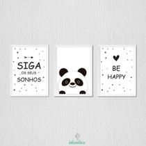Quadro Panda Siga Seus Sonhos - Kit de 3 Quadros Decorativos